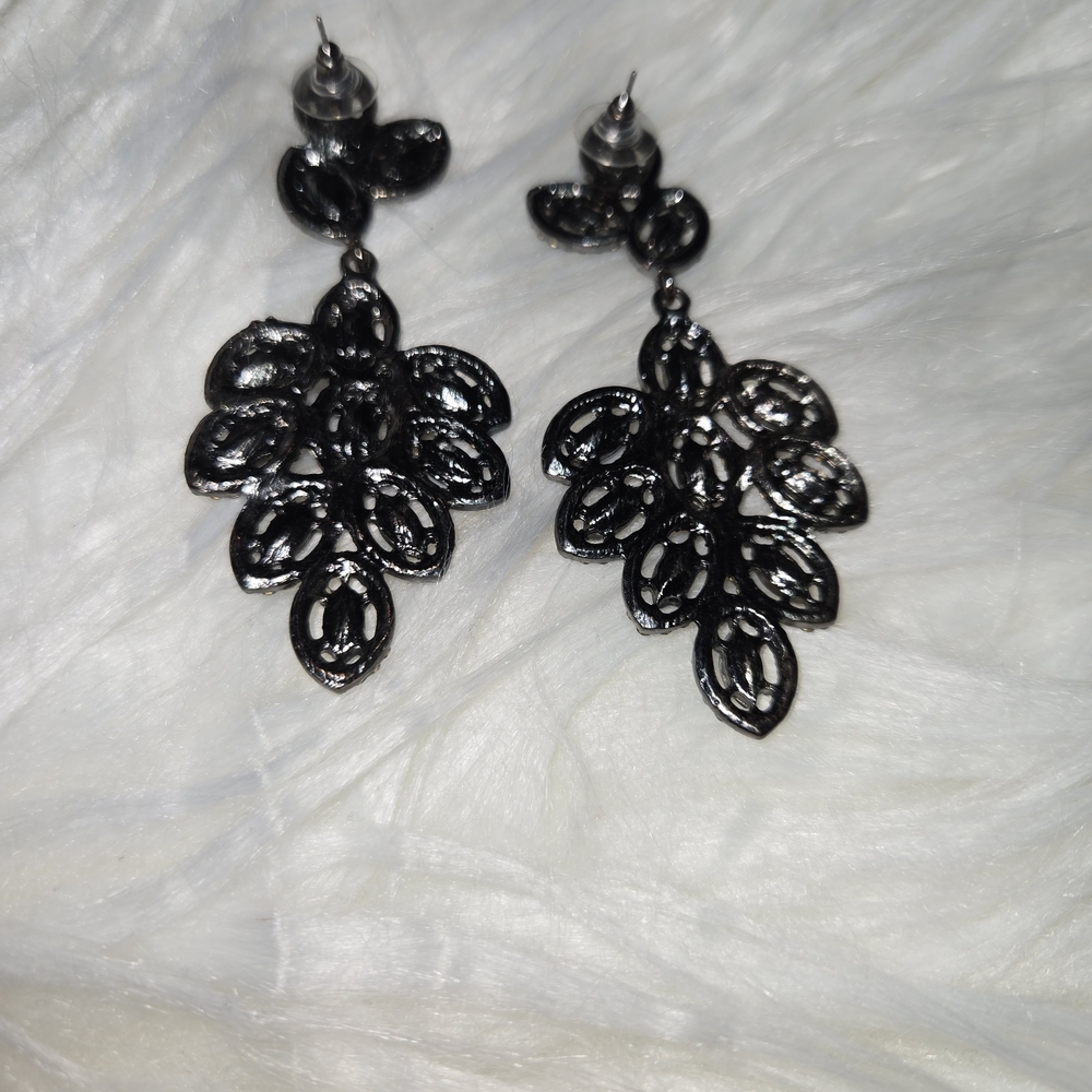 Chandelier Navy Black Rhinestone Vintage Earrings - Picture 2 of 4